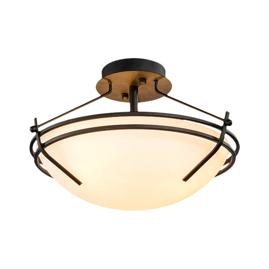 Bowl Bedroom Semi Flush Mount Traditional Opaque Glass 3 Heads Black Ceiling Light Fixture Clearhalo 'Ceiling Lights' 'Close To Ceiling Lights' 'Close to ceiling' 'Glass shade' 'Glass' 'Semi-flushmount' Lighting' 1710308