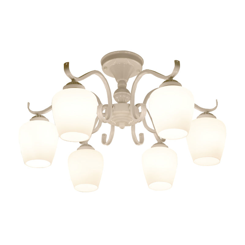 18.5"/24.5" W White 6-Light Ceiling Lamp Countryside Opaline Glass Cone Semi Flush Chandelier Clearhalo 'Ceiling Lights' 'Close To Ceiling Lights' 'Close to ceiling' 'Glass shade' 'Glass' 'Island Lights' 'Semi-flushmount' Lighting' 1710316