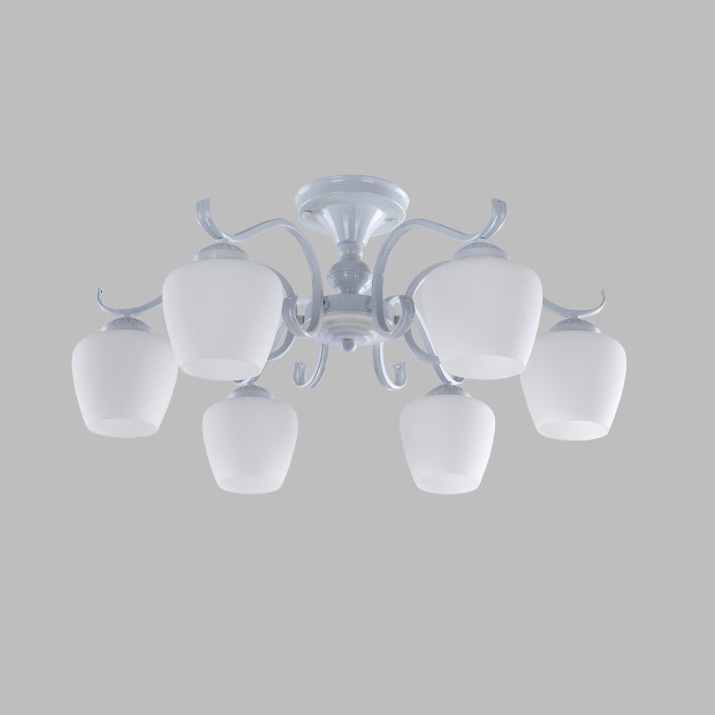 18.5"/24.5" W White 6-Light Ceiling Lamp Countryside Opaline Glass Cone Semi Flush Chandelier Clearhalo 'Ceiling Lights' 'Close To Ceiling Lights' 'Close to ceiling' 'Glass shade' 'Glass' 'Island Lights' 'Semi-flushmount' Lighting' 1710317