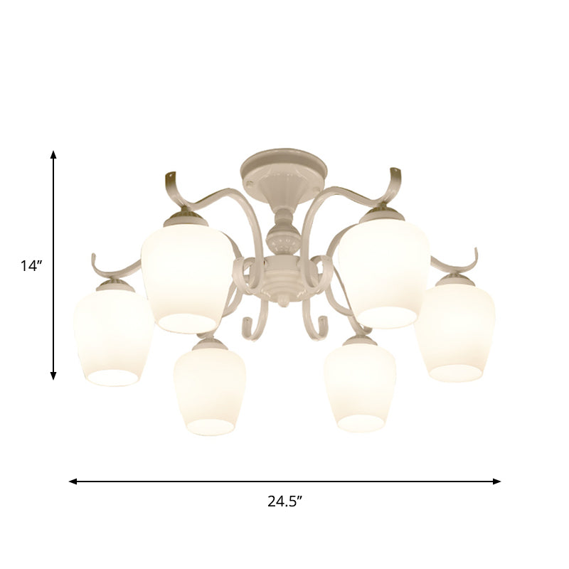 18.5"/24.5" W White 6-Light Ceiling Lamp Countryside Opaline Glass Cone Semi Flush Chandelier Clearhalo 'Ceiling Lights' 'Close To Ceiling Lights' 'Close to ceiling' 'Glass shade' 'Glass' 'Island Lights' 'Semi-flushmount' Lighting' 1710318