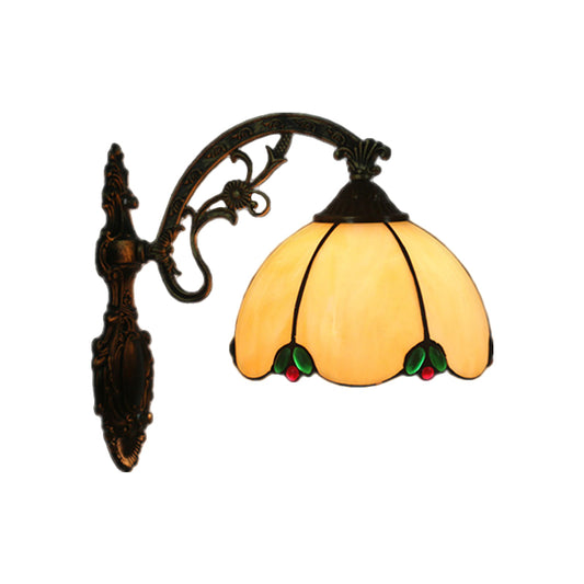 Hand Cut Glass Brass Wall Lamp Domed 1 Light Tiffany Wall Mount Light Fixture with Scrolled Arm Clearhalo 'Art deco wall lights' 'Cast Iron' 'Glass' 'Industrial' 'Middle century wall lights' 'Modern' 'Tiffany wall lights' 'Tiffany' 'Traditional wall lights' 'Wall Lamps & Sconces' 'Wall Lights' Lighting' 1710338