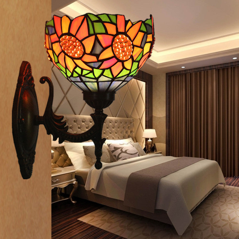 1 Light Bedroom Wall Lighting Baroque Brass Sunflower Patterned Wall Sconce with Bowl Stained Glass Shade Clearhalo 'Art deco wall lights' 'Cast Iron' 'Glass' 'Industrial' 'Middle century wall lights' 'Modern' 'Tiffany wall lights' 'Tiffany' 'Traditional wall lights' 'Wall Lamps & Sconces' 'Wall Lights' Lighting' 1710341