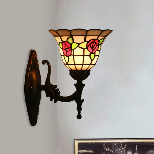 Flared Wall Light Sconce 1 Bulb Stained Glass Tiffany Style Wall Mounted Lamp in Red/Pink/Blue with Floral Pattern Clearhalo 'Art deco wall lights' 'Cast Iron' 'Glass' 'Industrial' 'Middle century wall lights' 'Modern' 'Tiffany wall lights' 'Tiffany' 'Traditional wall lights' 'Wall Lamps & Sconces' 'Wall Lights' Lighting' 1710345