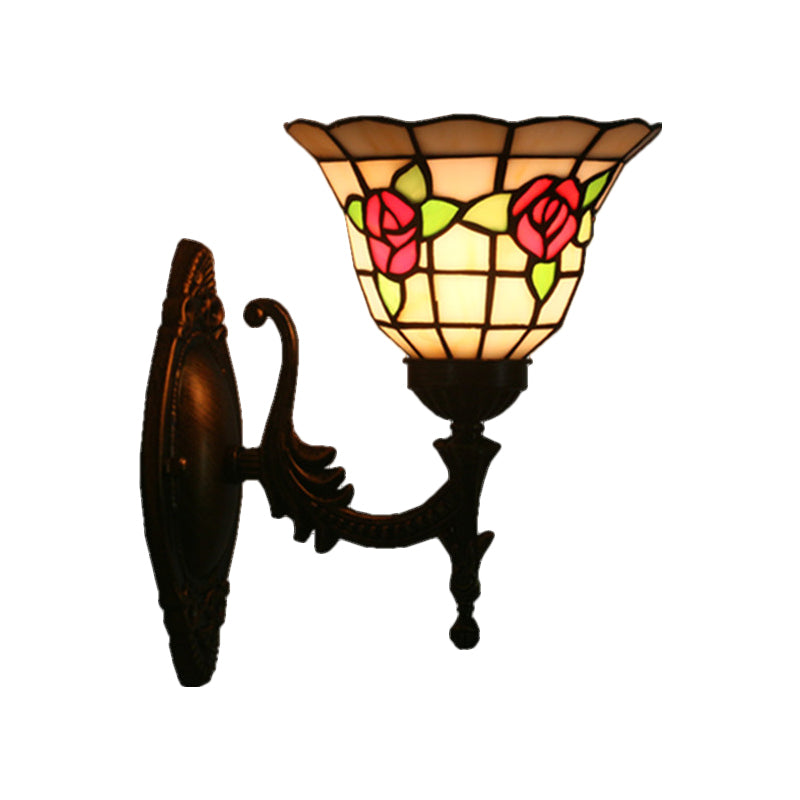 Flared Wall Light Sconce 1 Bulb Stained Glass Tiffany Style Wall Mounted Lamp in Red/Pink/Blue with Floral Pattern Clearhalo 'Art deco wall lights' 'Cast Iron' 'Glass' 'Industrial' 'Middle century wall lights' 'Modern' 'Tiffany wall lights' 'Tiffany' 'Traditional wall lights' 'Wall Lamps & Sconces' 'Wall Lights' Lighting' 1710346