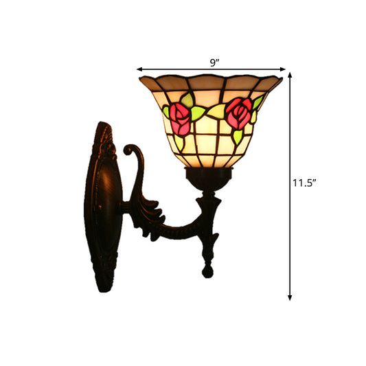 Flared Wall Light Sconce 1 Bulb Stained Glass Tiffany Style Wall Mounted Lamp in Red/Pink/Blue with Floral Pattern Clearhalo 'Art deco wall lights' 'Cast Iron' 'Glass' 'Industrial' 'Middle century wall lights' 'Modern' 'Tiffany wall lights' 'Tiffany' 'Traditional wall lights' 'Wall Lamps & Sconces' 'Wall Lights' Lighting' 1710347