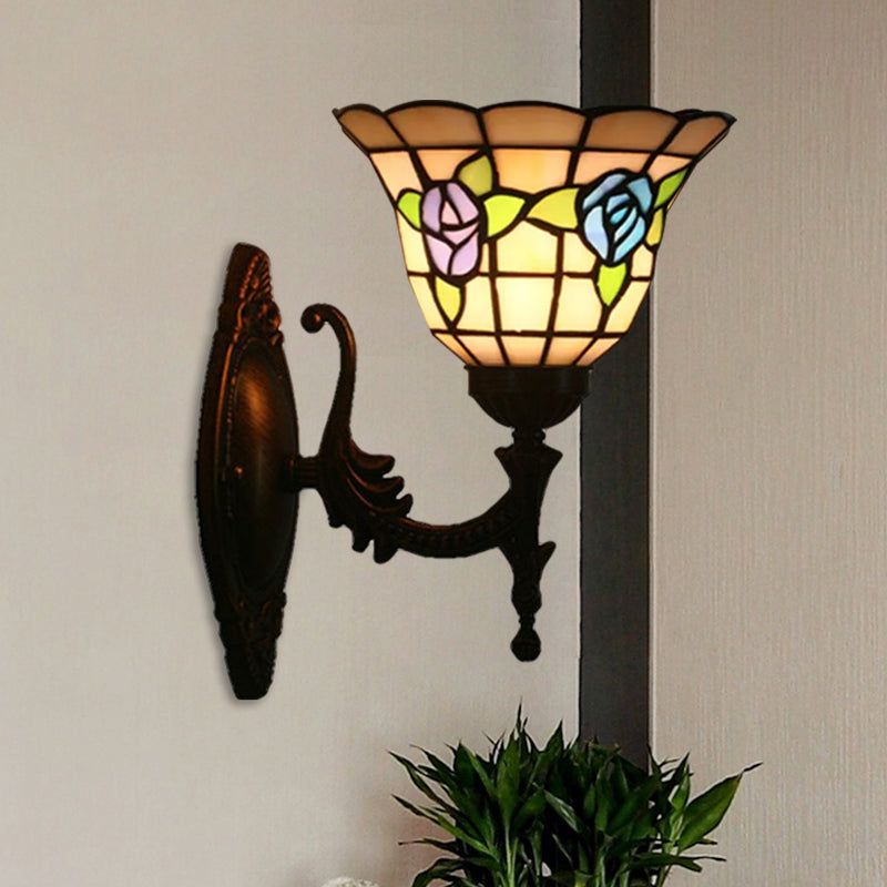 Flared Wall Light Sconce 1 Bulb Stained Glass Tiffany Style Wall Mounted Lamp in Red/Pink/Blue with Floral Pattern Clearhalo 'Art deco wall lights' 'Cast Iron' 'Glass' 'Industrial' 'Middle century wall lights' 'Modern' 'Tiffany wall lights' 'Tiffany' 'Traditional wall lights' 'Wall Lamps & Sconces' 'Wall Lights' Lighting' 1710354