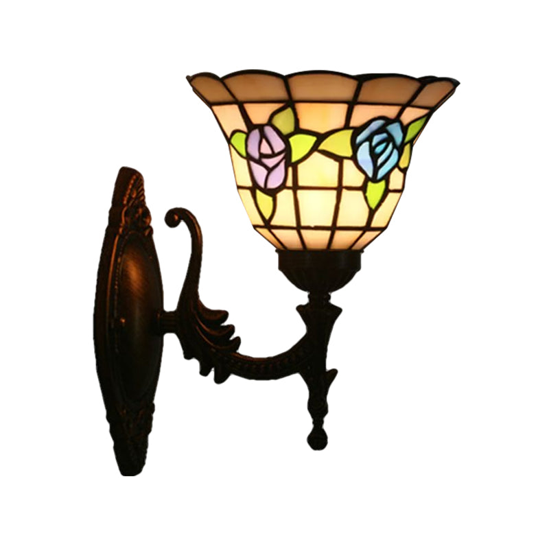 Flared Wall Light Sconce 1 Bulb Stained Glass Tiffany Style Wall Mounted Lamp in Red/Pink/Blue with Floral Pattern Clearhalo 'Art deco wall lights' 'Cast Iron' 'Glass' 'Industrial' 'Middle century wall lights' 'Modern' 'Tiffany wall lights' 'Tiffany' 'Traditional wall lights' 'Wall Lamps & Sconces' 'Wall Lights' Lighting' 1710356