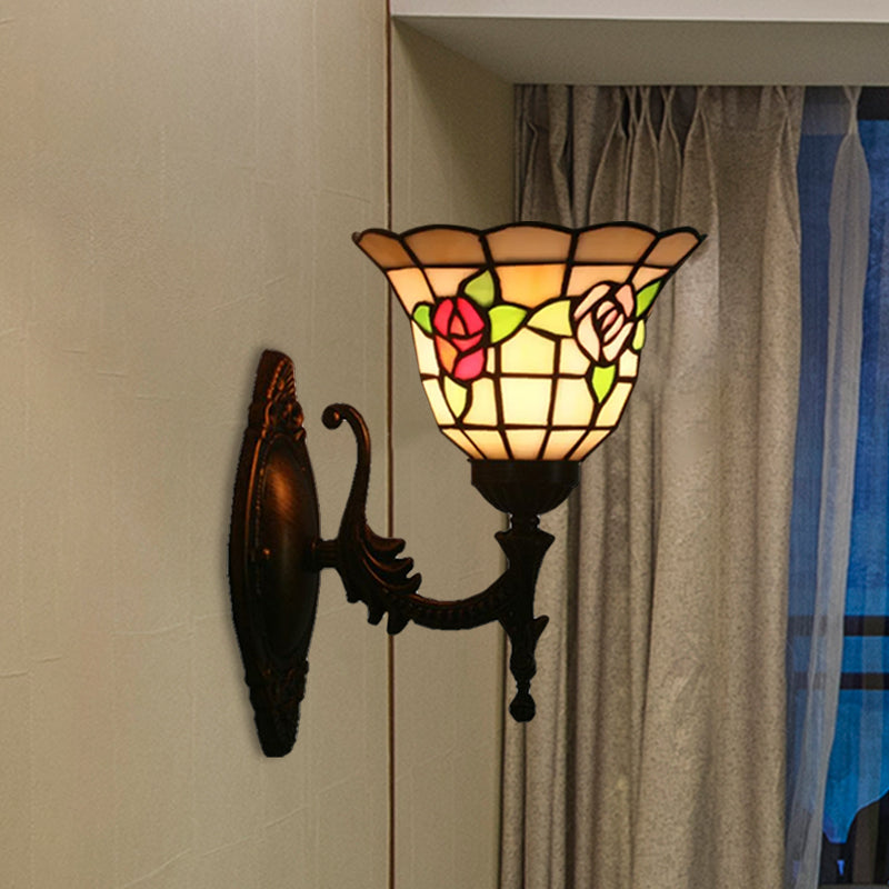 Flared Wall Light Sconce 1 Bulb Stained Glass Tiffany Style Wall Mounted Lamp in Red/Pink/Blue with Floral Pattern Clearhalo 'Art deco wall lights' 'Cast Iron' 'Glass' 'Industrial' 'Middle century wall lights' 'Modern' 'Tiffany wall lights' 'Tiffany' 'Traditional wall lights' 'Wall Lamps & Sconces' 'Wall Lights' Lighting' 1710359