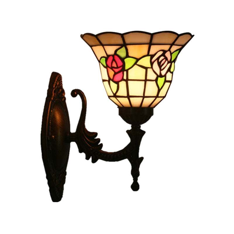 Flared Wall Light Sconce 1 Bulb Stained Glass Tiffany Style Wall Mounted Lamp in Red/Pink/Blue with Floral Pattern Clearhalo 'Art deco wall lights' 'Cast Iron' 'Glass' 'Industrial' 'Middle century wall lights' 'Modern' 'Tiffany wall lights' 'Tiffany' 'Traditional wall lights' 'Wall Lamps & Sconces' 'Wall Lights' Lighting' 1710361