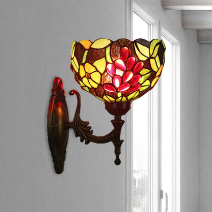 Bowl Shaped Wall Sconce Lighting Tiffany Style Hand Cut Glass 1 Head Brass Flower and Grape Wall Light Fixture Brass Clearhalo 'Art deco wall lights' 'Cast Iron' 'Glass' 'Industrial' 'Middle century wall lights' 'Modern' 'Tiffany wall lights' 'Tiffany' 'Traditional wall lights' 'Wall Lamps & Sconces' 'Wall Lights' Lighting' 1710363