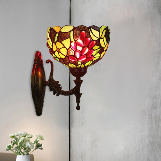 Bowl Shaped Wall Sconce Lighting Tiffany Style Hand Cut Glass 1 Head Brass Flower and Grape Wall Light Fixture Clearhalo 'Art deco wall lights' 'Cast Iron' 'Glass' 'Industrial' 'Middle century wall lights' 'Modern' 'Tiffany wall lights' 'Tiffany' 'Traditional wall lights' 'Wall Lamps & Sconces' 'Wall Lights' Lighting' 1710364