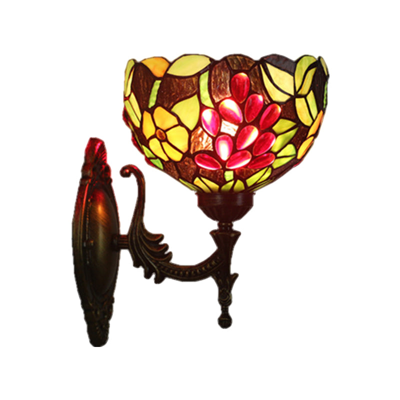 Bowl Shaped Wall Sconce Lighting Tiffany Style Hand Cut Glass 1 Head Brass Flower and Grape Wall Light Fixture Clearhalo 'Art deco wall lights' 'Cast Iron' 'Glass' 'Industrial' 'Middle century wall lights' 'Modern' 'Tiffany wall lights' 'Tiffany' 'Traditional wall lights' 'Wall Lamps & Sconces' 'Wall Lights' Lighting' 1710365