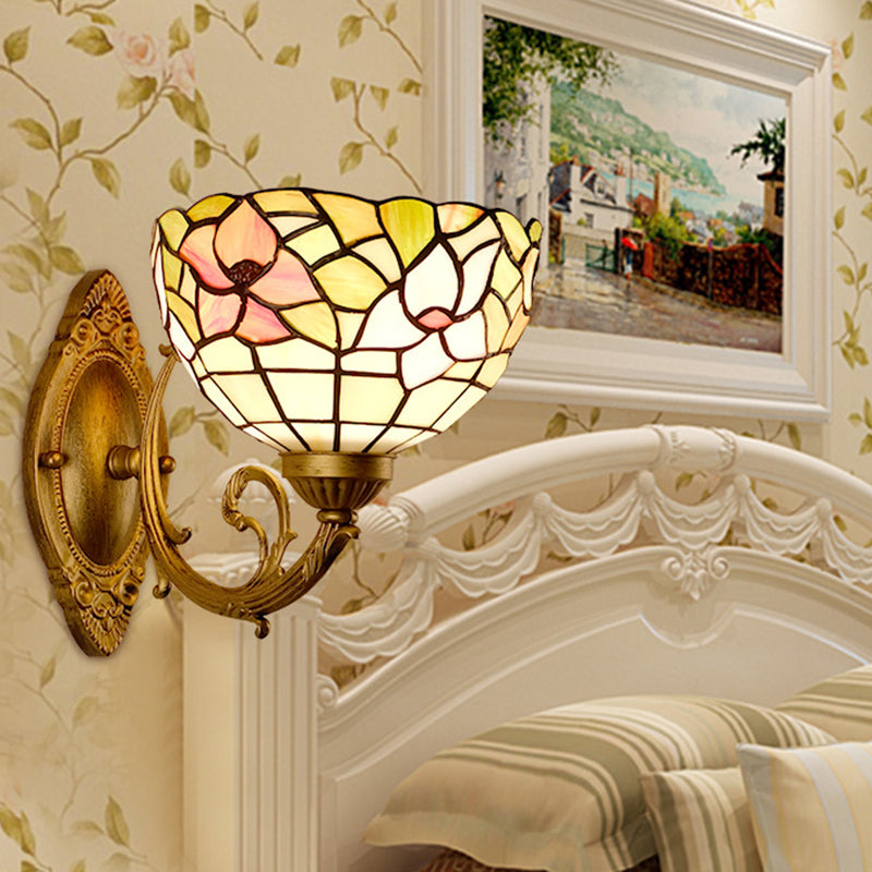 Cut Glass Dome Wall Mount Light Mediterranean 1-Bulb Gold Finish Flower Patterned Wall Lamp with Curved Arm Clearhalo 'Art deco wall lights' 'Cast Iron' 'Glass' 'Industrial' 'Middle century wall lights' 'Modern' 'Tiffany wall lights' 'Tiffany' 'Traditional wall lights' 'Wall Lamps & Sconces' 'Wall Lights' Lighting' 1710372