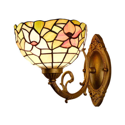 Cut Glass Dome Wall Mount Light Mediterranean 1-Bulb Gold Finish Flower Patterned Wall Lamp with Curved Arm Clearhalo 'Art deco wall lights' 'Cast Iron' 'Glass' 'Industrial' 'Middle century wall lights' 'Modern' 'Tiffany wall lights' 'Tiffany' 'Traditional wall lights' 'Wall Lamps & Sconces' 'Wall Lights' Lighting' 1710373