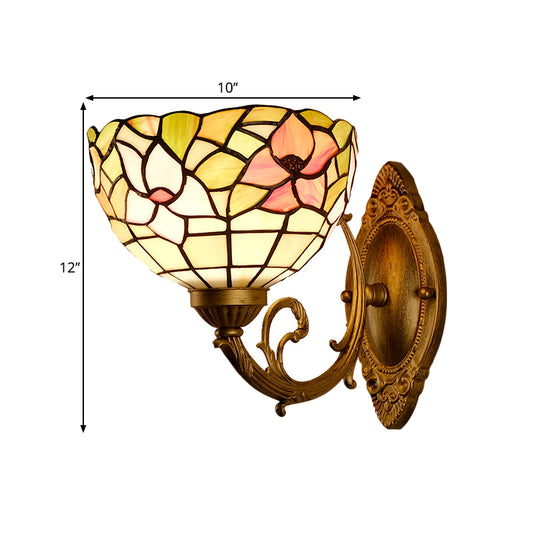 Cut Glass Dome Wall Mount Light Mediterranean 1-Bulb Gold Finish Flower Patterned Wall Lamp with Curved Arm Clearhalo 'Art deco wall lights' 'Cast Iron' 'Glass' 'Industrial' 'Middle century wall lights' 'Modern' 'Tiffany wall lights' 'Tiffany' 'Traditional wall lights' 'Wall Lamps & Sconces' 'Wall Lights' Lighting' 1710374