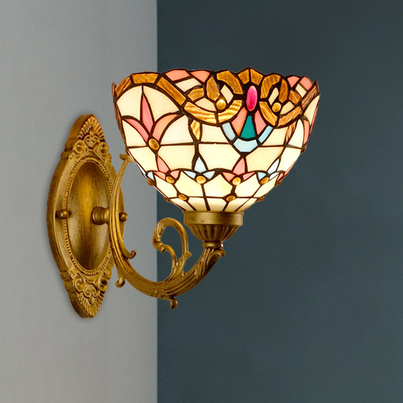 Gold Domed Wall Mount Lamp Baroque 1 Head Stained Glass Wall Sconce with Swirled Arm Gold Clearhalo 'Art deco wall lights' 'Cast Iron' 'Glass' 'Industrial' 'Middle century wall lights' 'Modern' 'Tiffany wall lights' 'Tiffany' 'Traditional wall lights' 'Wall Lamps & Sconces' 'Wall Lights' Lighting' 1710375