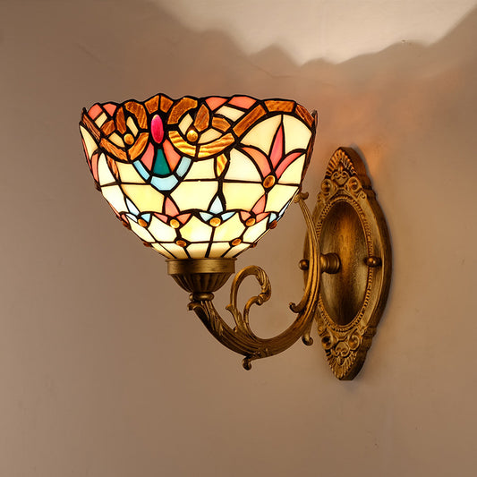 Gold Domed Wall Mount Lamp Baroque 1 Head Stained Glass Wall Sconce with Swirled Arm Clearhalo 'Art deco wall lights' 'Cast Iron' 'Glass' 'Industrial' 'Middle century wall lights' 'Modern' 'Tiffany wall lights' 'Tiffany' 'Traditional wall lights' 'Wall Lamps & Sconces' 'Wall Lights' Lighting' 1710376