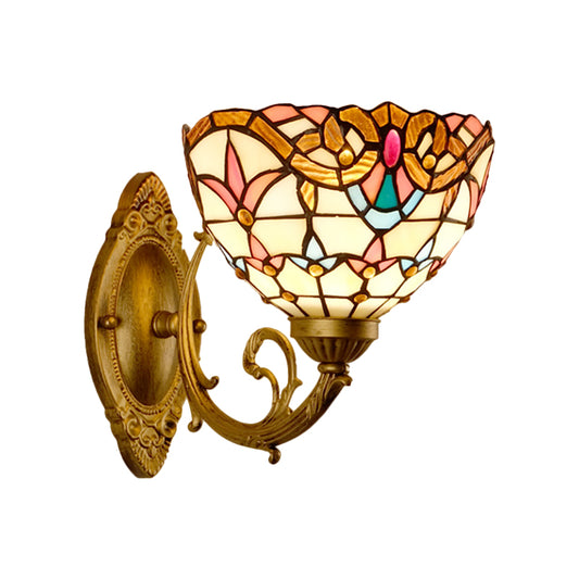 Gold Domed Wall Mount Lamp Baroque 1 Head Stained Glass Wall Sconce with Swirled Arm Clearhalo 'Art deco wall lights' 'Cast Iron' 'Glass' 'Industrial' 'Middle century wall lights' 'Modern' 'Tiffany wall lights' 'Tiffany' 'Traditional wall lights' 'Wall Lamps & Sconces' 'Wall Lights' Lighting' 1710377