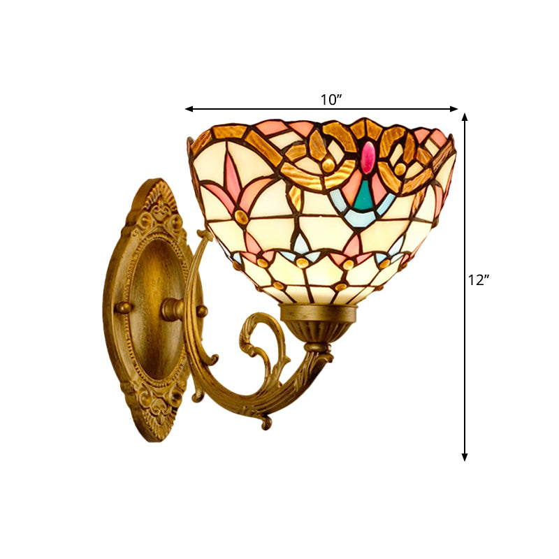 Gold Domed Wall Mount Lamp Baroque 1 Head Stained Glass Wall Sconce with Swirled Arm Clearhalo 'Art deco wall lights' 'Cast Iron' 'Glass' 'Industrial' 'Middle century wall lights' 'Modern' 'Tiffany wall lights' 'Tiffany' 'Traditional wall lights' 'Wall Lamps & Sconces' 'Wall Lights' Lighting' 1710378
