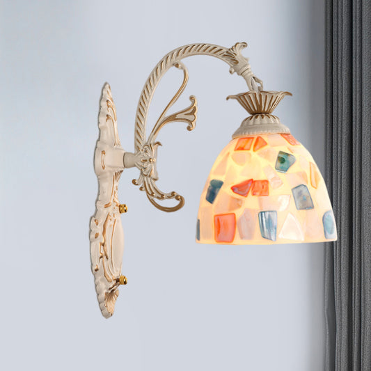 1/2-Light Wall Lighting Fixture Baroque Dome Shell Mosaic Patterned Wall Lamp with Curved Arm in White 1.0 White Clearhalo 'Art deco wall lights' 'Cast Iron' 'Glass' 'Industrial' 'Middle century wall lights' 'Modern' 'Tiffany wall lights' 'Tiffany' 'Traditional wall lights' 'Wall Lamps & Sconces' 'Wall Lights' Lighting' 1710388