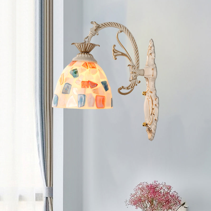 1/2-Light Wall Lighting Fixture Baroque Dome Shell Mosaic Patterned Wall Lamp with Curved Arm in White Clearhalo 'Art deco wall lights' 'Cast Iron' 'Glass' 'Industrial' 'Middle century wall lights' 'Modern' 'Tiffany wall lights' 'Tiffany' 'Traditional wall lights' 'Wall Lamps & Sconces' 'Wall Lights' Lighting' 1710389