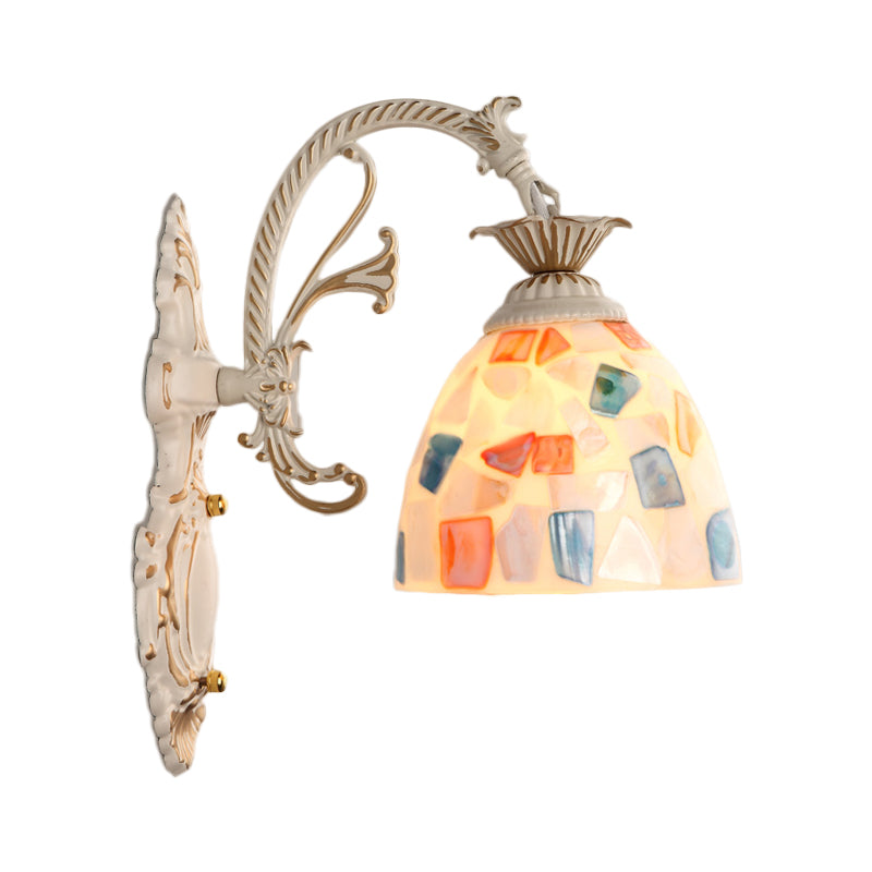 1/2-Light Wall Lighting Fixture Baroque Dome Shell Mosaic Patterned Wall Lamp with Curved Arm in White Clearhalo 'Art deco wall lights' 'Cast Iron' 'Glass' 'Industrial' 'Middle century wall lights' 'Modern' 'Tiffany wall lights' 'Tiffany' 'Traditional wall lights' 'Wall Lamps & Sconces' 'Wall Lights' Lighting' 1710390