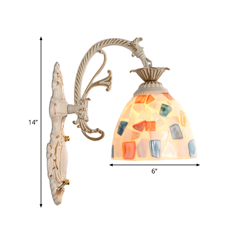 1/2-Light Wall Lighting Fixture Baroque Dome Shell Mosaic Patterned Wall Lamp with Curved Arm in White Clearhalo 'Art deco wall lights' 'Cast Iron' 'Glass' 'Industrial' 'Middle century wall lights' 'Modern' 'Tiffany wall lights' 'Tiffany' 'Traditional wall lights' 'Wall Lamps & Sconces' 'Wall Lights' Lighting' 1710391