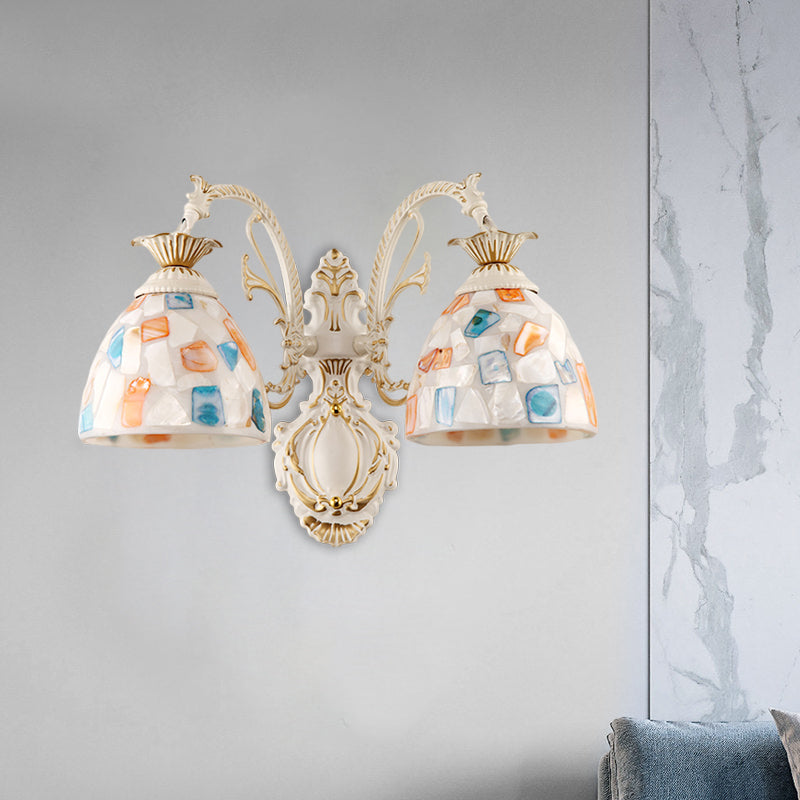 1/2-Light Wall Lighting Fixture Baroque Dome Shell Mosaic Patterned Wall Lamp with Curved Arm in White 2.0 White Clearhalo 'Art deco wall lights' 'Cast Iron' 'Glass' 'Industrial' 'Middle century wall lights' 'Modern' 'Tiffany wall lights' 'Tiffany' 'Traditional wall lights' 'Wall Lamps & Sconces' 'Wall Lights' Lighting' 1710392