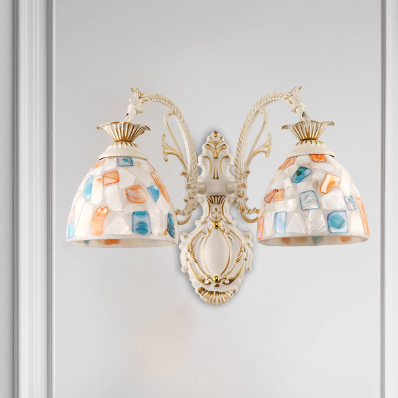 1/2-Light Wall Lighting Fixture Baroque Dome Shell Mosaic Patterned Wall Lamp with Curved Arm in White Clearhalo 'Art deco wall lights' 'Cast Iron' 'Glass' 'Industrial' 'Middle century wall lights' 'Modern' 'Tiffany wall lights' 'Tiffany' 'Traditional wall lights' 'Wall Lamps & Sconces' 'Wall Lights' Lighting' 1710393
