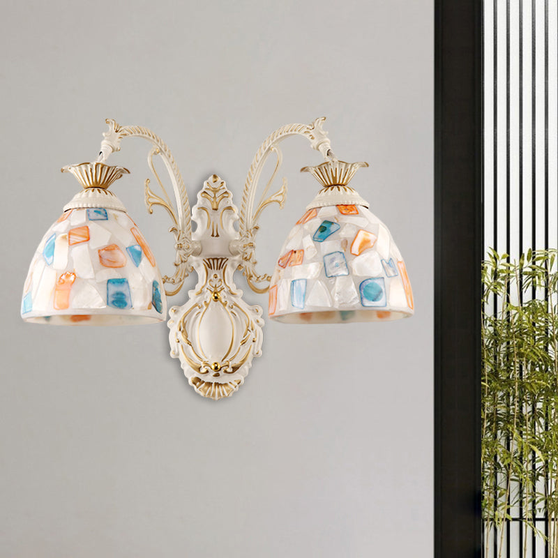 1/2-Light Wall Lighting Fixture Baroque Dome Shell Mosaic Patterned Wall Lamp with Curved Arm in White Clearhalo 'Art deco wall lights' 'Cast Iron' 'Glass' 'Industrial' 'Middle century wall lights' 'Modern' 'Tiffany wall lights' 'Tiffany' 'Traditional wall lights' 'Wall Lamps & Sconces' 'Wall Lights' Lighting' 1710394