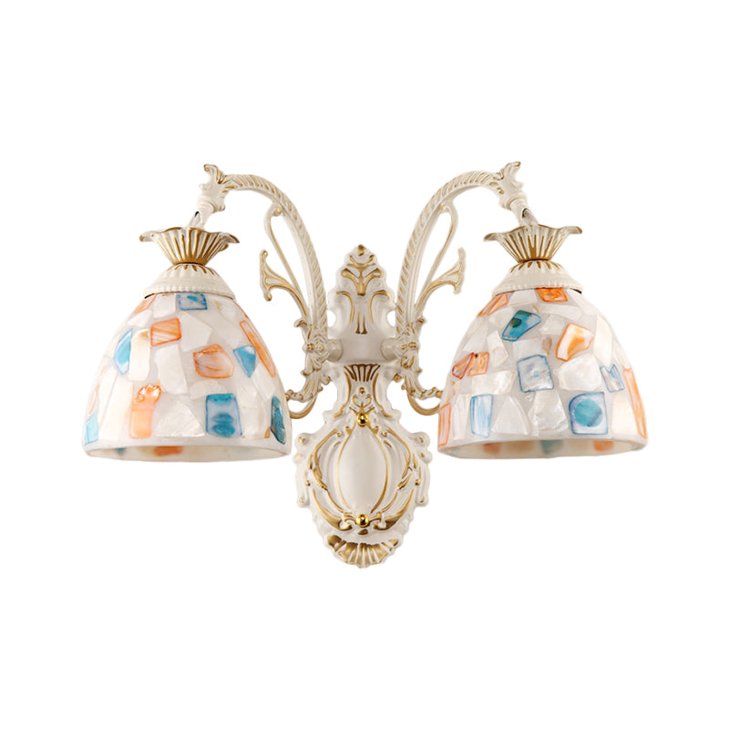 1/2-Light Wall Lighting Fixture Baroque Dome Shell Mosaic Patterned Wall Lamp with Curved Arm in White Clearhalo 'Art deco wall lights' 'Cast Iron' 'Glass' 'Industrial' 'Middle century wall lights' 'Modern' 'Tiffany wall lights' 'Tiffany' 'Traditional wall lights' 'Wall Lamps & Sconces' 'Wall Lights' Lighting' 1710395
