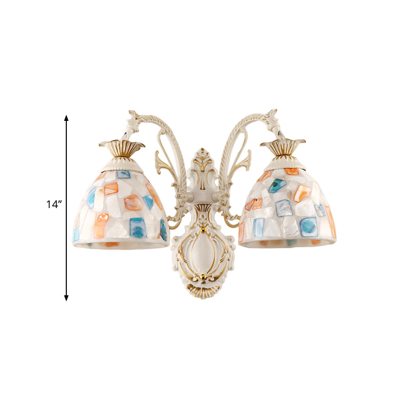 1/2-Light Wall Lighting Fixture Baroque Dome Shell Mosaic Patterned Wall Lamp with Curved Arm in White Clearhalo 'Art deco wall lights' 'Cast Iron' 'Glass' 'Industrial' 'Middle century wall lights' 'Modern' 'Tiffany wall lights' 'Tiffany' 'Traditional wall lights' 'Wall Lamps & Sconces' 'Wall Lights' Lighting' 1710396