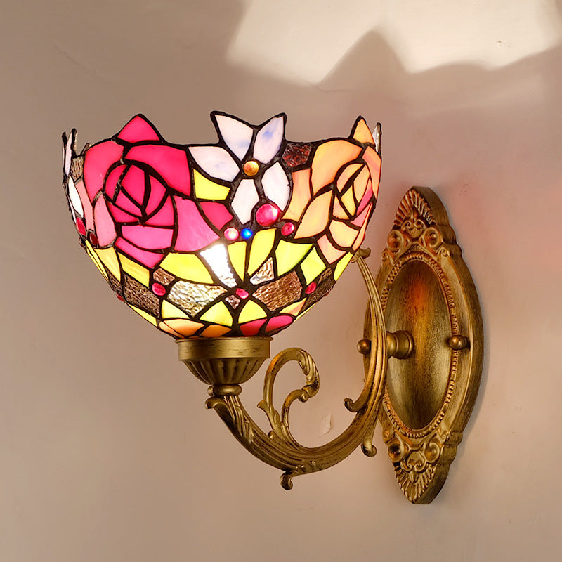 Gold 1 Head Wall Lighting Ideas Victorian Stained Glass Bowl Shade Wall Mount Light Fixture with Petal Pattern Clearhalo 'Art deco wall lights' 'Cast Iron' 'Glass' 'Industrial' 'Middle century wall lights' 'Modern' 'Tiffany wall lights' 'Tiffany' 'Traditional wall lights' 'Wall Lamps & Sconces' 'Wall Lights' Lighting' 1710398