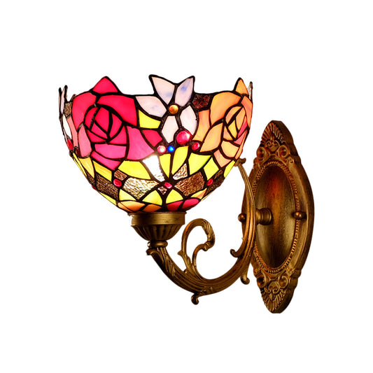 Gold 1 Head Wall Lighting Ideas Victorian Stained Glass Bowl Shade Wall Mount Light Fixture with Petal Pattern Clearhalo 'Art deco wall lights' 'Cast Iron' 'Glass' 'Industrial' 'Middle century wall lights' 'Modern' 'Tiffany wall lights' 'Tiffany' 'Traditional wall lights' 'Wall Lamps & Sconces' 'Wall Lights' Lighting' 1710399