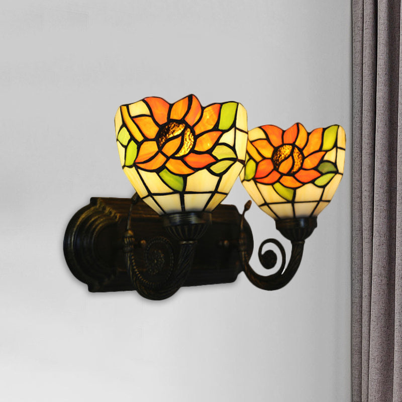 Sunflower Stained Glass Wall Light Tiffany 2 Lights Brass Wall Sconce with Domed Shade for Bedroom Brass Clearhalo 'Art deco wall lights' 'Cast Iron' 'Glass' 'Industrial' 'Middle century wall lights' 'Modern' 'Tiffany wall lights' 'Tiffany' 'Traditional wall lights' 'Wall Lamps & Sconces' 'Wall Lights' Lighting' 1710401