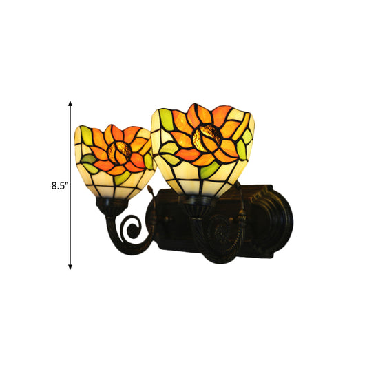Sunflower Stained Glass Wall Light Tiffany 2 Lights Brass Wall Sconce with Domed Shade for Bedroom Clearhalo 'Art deco wall lights' 'Cast Iron' 'Glass' 'Industrial' 'Middle century wall lights' 'Modern' 'Tiffany wall lights' 'Tiffany' 'Traditional wall lights' 'Wall Lamps & Sconces' 'Wall Lights' Lighting' 1710404