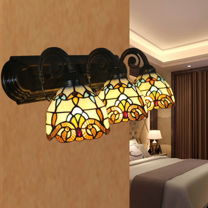 Stained Glass Brass Wall Lamp Scalloped Dome 3 Heads Tiffany Wall Mounted Lighting for Corridor Brass Clearhalo 'Art deco wall lights' 'Cast Iron' 'Glass' 'Industrial' 'Middle century wall lights' 'Modern' 'Tiffany wall lights' 'Tiffany' 'Traditional wall lights' 'Wall Lamps & Sconces' 'Wall Lights' Lighting' 1710405