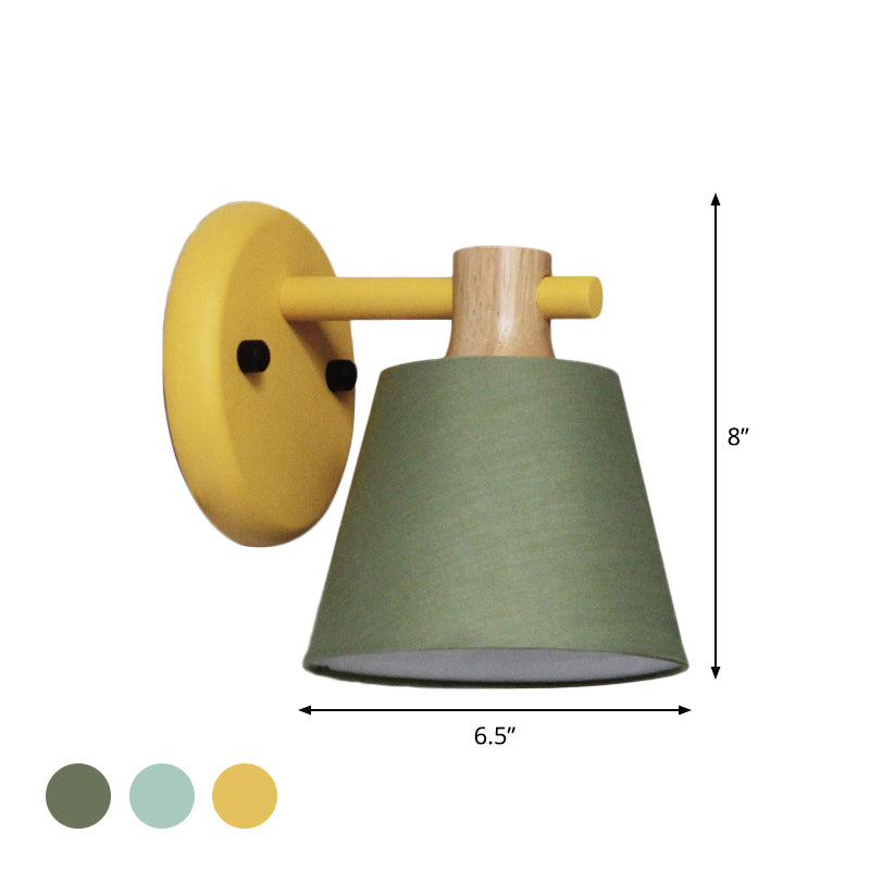 Barrel Fabric Wall Mount Light Rural Style 1 Bulb Yellow/Blue/Green Wall Lighting Ideas with Wooden Top Clearhalo 'Wall Lamps & Sconces' 'Wall Lights' Lighting' 1710412
