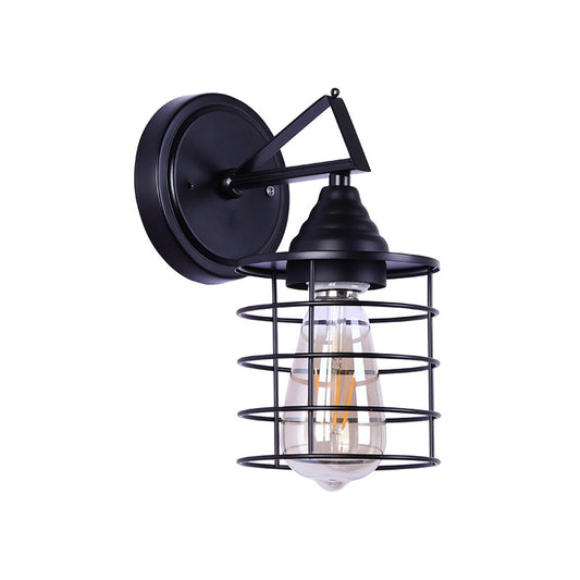 Metal Cylindrical Frame Wall Light Farmhouse 1 Bulb Dining Room Wall Mounted Lamp in Black Clearhalo 'Art deco wall lights' 'Cast Iron' 'Glass' 'Industrial wall lights' 'Industrial' 'Middle century wall lights' 'Modern' 'Rustic wall lights' 'Tiffany' 'Traditional wall lights' 'Wall Lamps & Sconces' 'Wall Lights' Lighting' 1710481