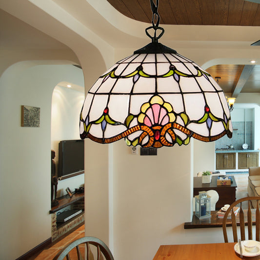 Dome Down Lighting Baroque White Hand Cut Glass 1 Bulb Hanging Pendant Light for Bedroom Clearhalo 'Ceiling Lights' 'Industrial' 'Middle Century Pendants' 'Pendant Lights' 'Pendants' 'Tiffany close to ceiling' 'Tiffany Pendants' 'Tiffany' Lighting' 171049