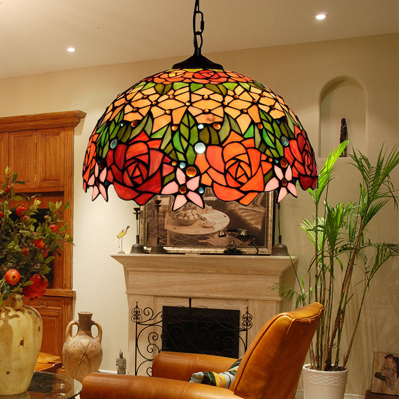 Black Stained Glass Rose Pendant Lighting Victorian 1 Head Hanging Light Kit for Living Room Black Clearhalo 'Ceiling Lights' 'Chandeliers' 'Industrial' 'Middle Century Pendants' 'Pendant Lights' 'Pendants' 'Tiffany close to ceiling' 'Tiffany Pendants' 'Tiffany' Lighting' 171067