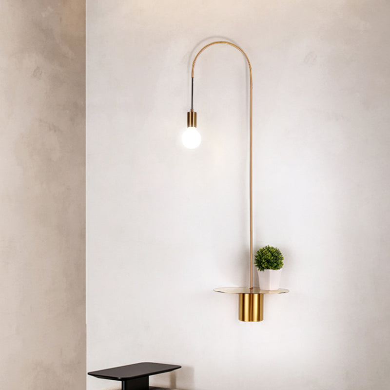 Gooseneck Metallic Wall Light Fixture Minimalist 1-Head Black/White/Gold Wall Sconce Lighting with Bulb Gold Clearhalo 'Cast Iron' 'Glass' 'Industrial' 'Modern wall lights' 'Modern' 'Tiffany' 'Traditional wall lights' 'Wall Lamps & Sconces' 'Wall Lights' Lighting' 1710716