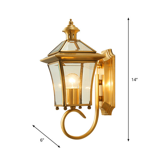 Clear Glass Lantern Wall Light Retro Style 1 Bulb Lodge Wall Lighting Ideas in Brass Clearhalo 'Wall Lamps & Sconces' 'Wall Lights' Lighting' 1710731