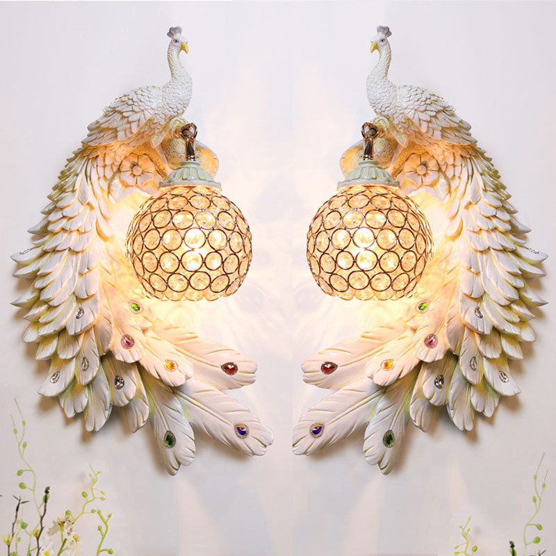 Single Head Peacock Wall Sconce Cottage White/Red/Blue Resin Wall Light Fixture with Clear K9 Crystal Shade, Left/Right White Right Clearhalo 'Wall Lamps & Sconces' 'Wall Lights' Lighting' 1710757