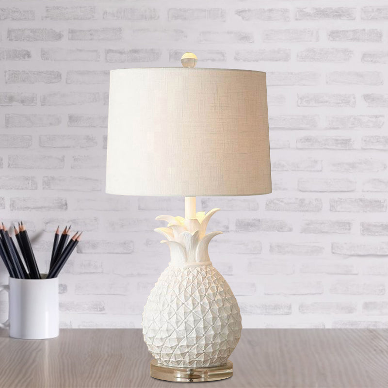 Resin Pineapple Night Lighting Cartoon 1 Bulb White/Yellow Table Lamp with Drum Fabric Shade White Clearhalo 'Lamps' 'Table Lamps' Lighting' 1710810