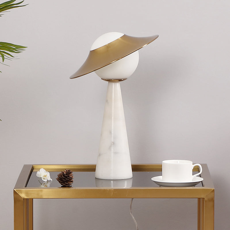 Gold Globe Task Lighting Simple 1-Light White Glass Night Table Lamp with Metallic Gong Design Gold Clearhalo 'Lamps' 'Table Lamps' Lighting' 1710826