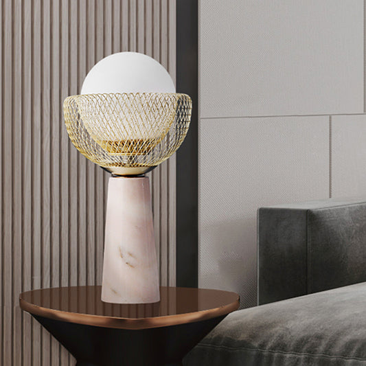 Sphere White Glass Table Light Minimalist 1-Head Gold Night Lamp with Mesh Design Gold Clearhalo 'Lamps' 'Table Lamps' Lighting' 1710830
