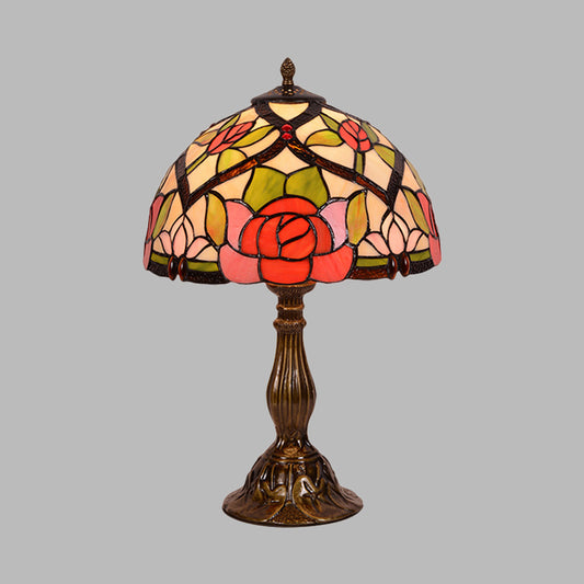 Bloom Night Lighting Victorian Stained Glass 1 Light Brass Finish Nightstand Lamp with Bowl Shade Clearhalo 'Lamps' 'Table Lamps' Lighting' 1710855