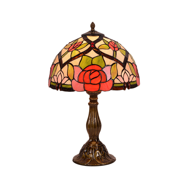 Bloom Night Lighting Victorian Stained Glass 1 Light Brass Finish Nightstand Lamp with Bowl Shade Clearhalo 'Lamps' 'Table Lamps' Lighting' 1710856