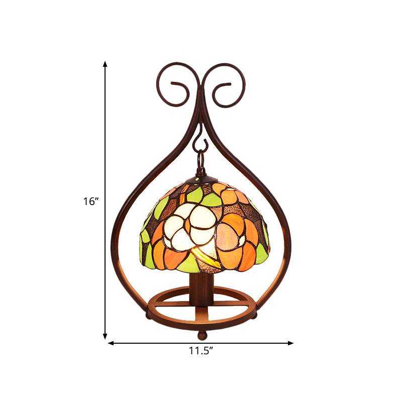 Baroque Bowl Night Lamp 1-Head Hand Cut Glass Nightstand Light with Brown Scrolled Arm Clearhalo 'Lamps' 'Table Lamps' Lighting' 1710861